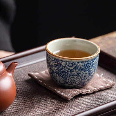 Buddha Stones Blue Lotus Peach Blossom Chrysanthemum Design Ceramic Teacup Kung Fu Tea Cups Cup BS 1