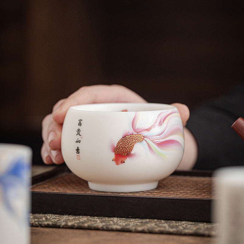 Buddha Stones Koi Fish White Porcelain Ceramic Teacup Kung Fu Tea Cup Cup BS 10