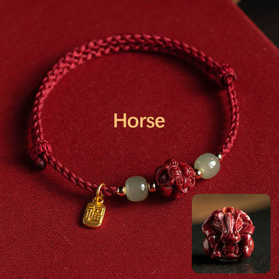 Buddha Stones Natural Cinnabar Chinese Zodiac Hetian Jade Fu Character Luck Rope Bracelet - Horse(Wrist Circumference 14-18cm) - image 6