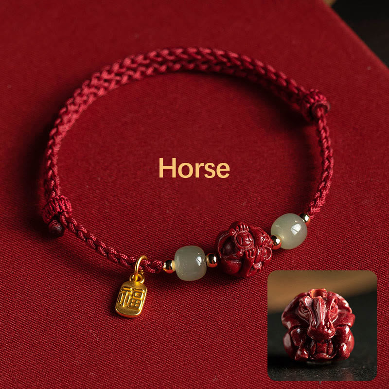 Buddha Stones Natural Cinnabar Chinese Zodiac Hetian Jade Fu Character Luck Rope Bracelet - Horse(Wrist Circumference 14-18cm) - image 6