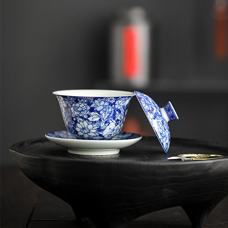 Buddha Stones Vintage Blue And White Porcelain Ceramic Gaiwan Sancai Teacup Kung Fu Tea Cup And Saucer With Lid Cup BS 9