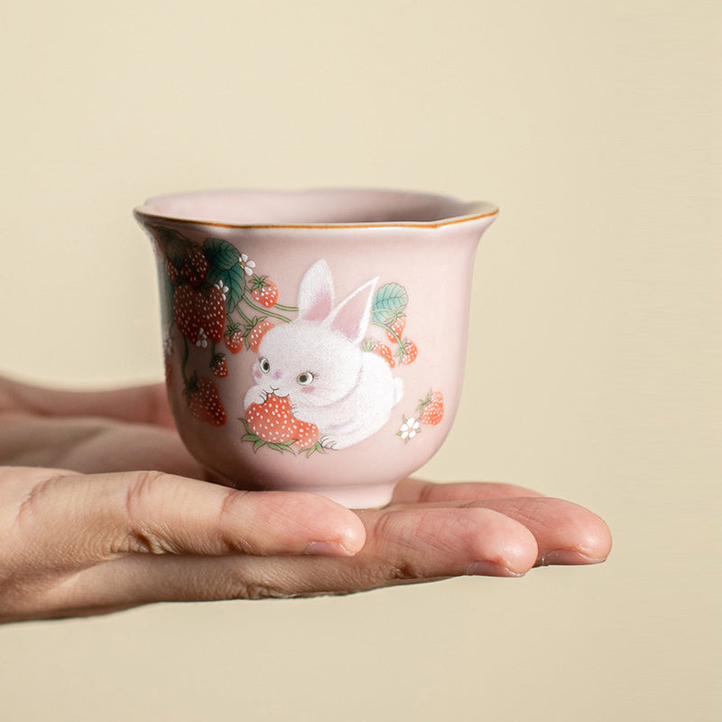 Buddha Stones Cute Strawberry Rabbit Flower Ceramic Teacup Kung Fu Tea Cup 55ml Cup BS 8