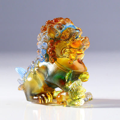 Buddha Stones Handmade Liuli Crystal Lion Art Piece Strength Home Office Decoration Decorations BS Colorful