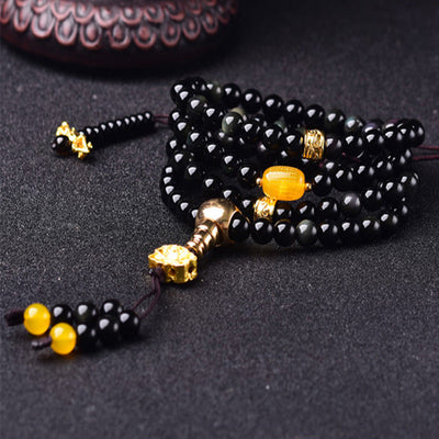 Buddha Stones 108 Beads Natural Black Obsidian Lotus Fulfilment Mala Bracelet Bracelet Mala BS 3