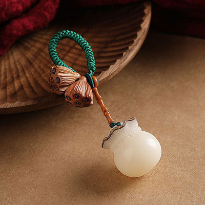 Buddha Stones Lotus Natural White Bodhi Seed Peach Wood Luck Keychain Decoration Decoration BS 2