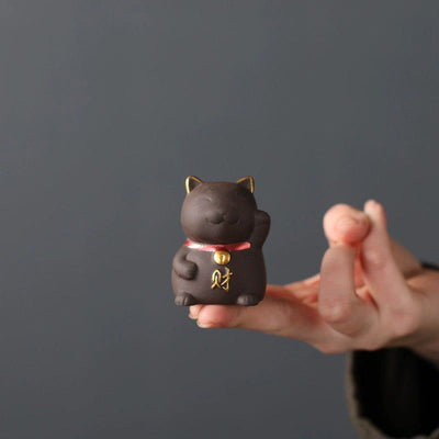 Buddha Stones Mini Lucky Cat Wealth Tea Pet Purple Clay Figurine Decoration Decorations BS 5