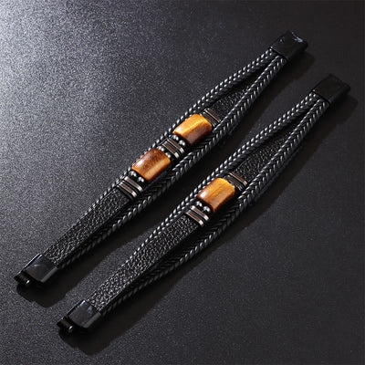 Buddha Stones Tiger Eye Power Magnetic Buckle Multilayered Leather Bracelet Bracelet BS 8
