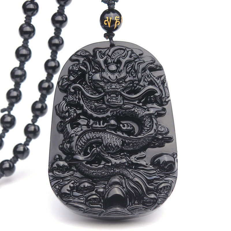 Collier pendentif dragon en obsidienne noire Foviel