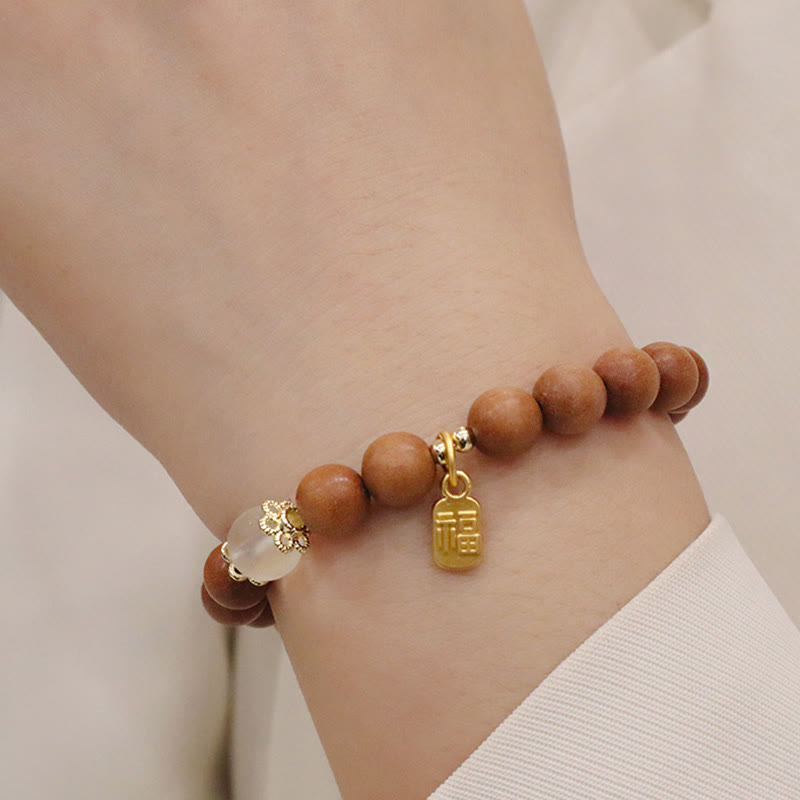 Buddha Stones Sandalwood Cat's Eye Fu Character Charm Protection Bracelet Bracelet BS 4