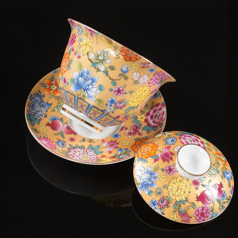 Buddha Stones Peony Flowers Ceramic Gaiwan Sancai Teacup Kung Fu Tea Cup And Saucer With Lid Cup BS Gold 9.5cm*9.3cm*160ml