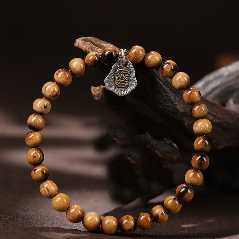 Buddha Stones 925 Sterling Silver Natural Golden Sea Willow Zakiram Goddess of Wealth Lucky fortune Fu Character Success Bracelet 3