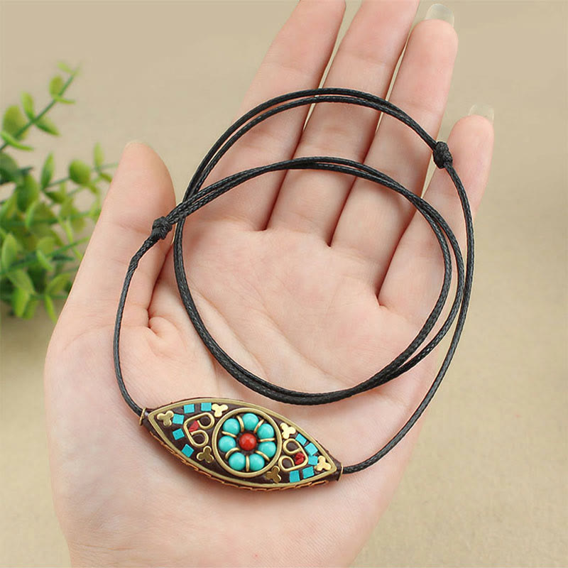Buddha Stones Tibet Turquoise Bead Marquise Pattern Protection Strength Necklace Pendant Necklaces & Pendants BS 6