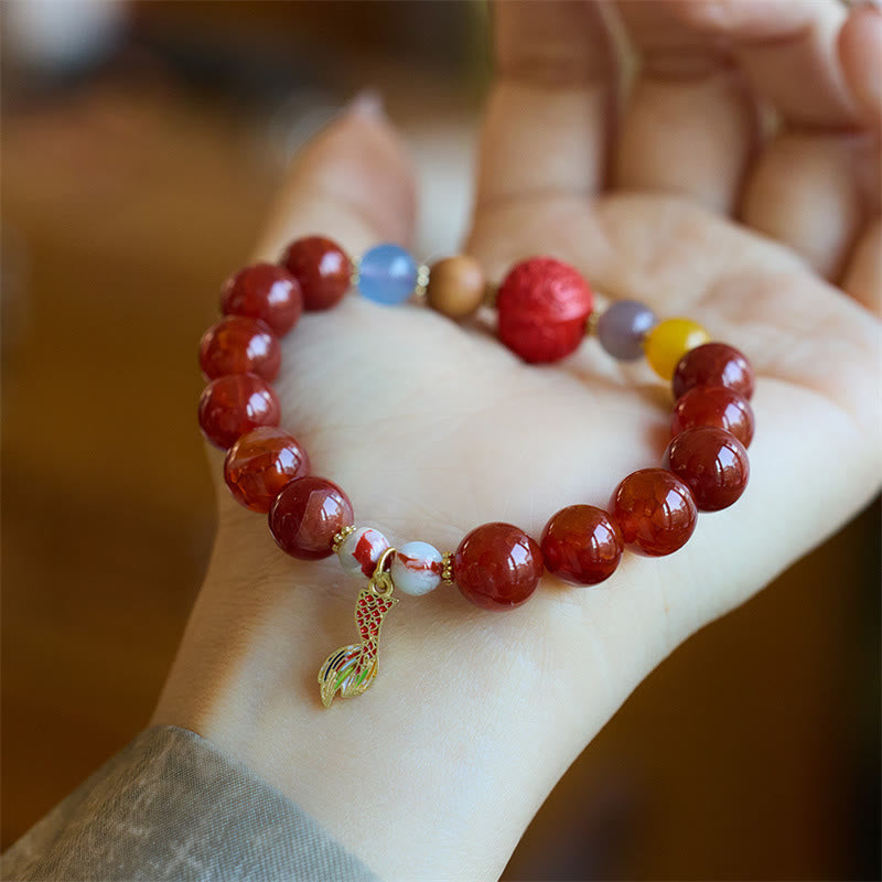 Buddha Stones Natural Red Agate Peace Talisman Fu Character Dragon Tail Confidence Charm Bracelet Bracelet BS 5