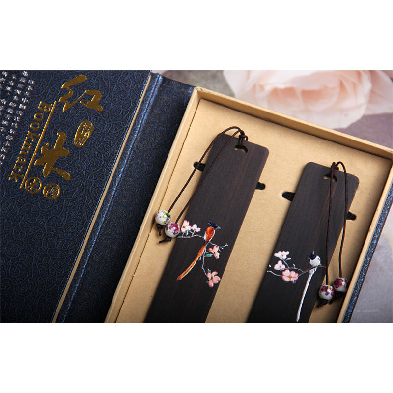 Buddha Stones Oriole Bird Flower Ebony Wood Bookmarks With Gift Box Bookmarks BS 9