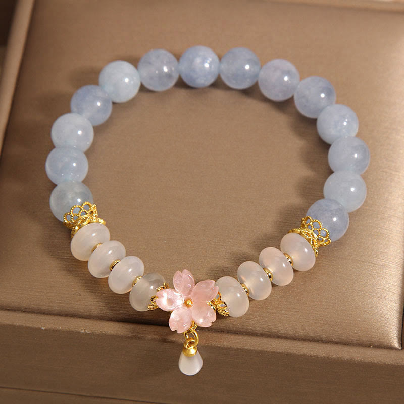 Buddha Stones Aquamarine White Agate Pearl Abacus Beads Flower Healing Bracelet Bracelet BS 1