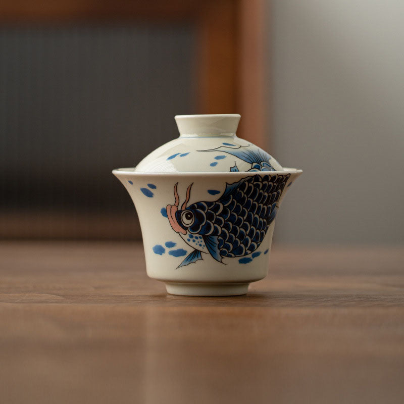 Buddha Stones Koi Fish Arowana Ceramic Gaiwan Sancai Teacup Kung Fu Tea Cup With Lid 130ml Cup BS Blue Koi Fish Cup 9.5cm*8.8cm*130ml