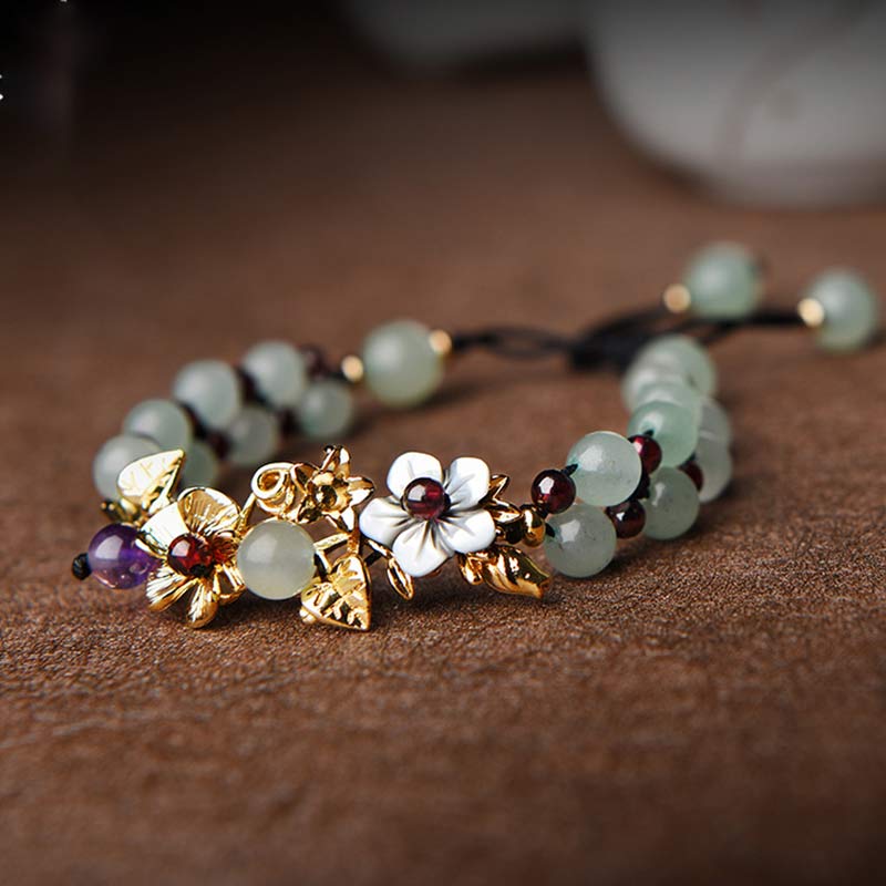 Buddha Stones Green Aventurine Garnet Bead Flower Petal Luck Bracelet Bracelet BS main