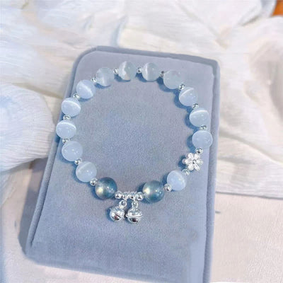 Buddha Stones Cat's Eye Crystal Peach Blossom Bell Fu Character Charm Support Bracelet 1