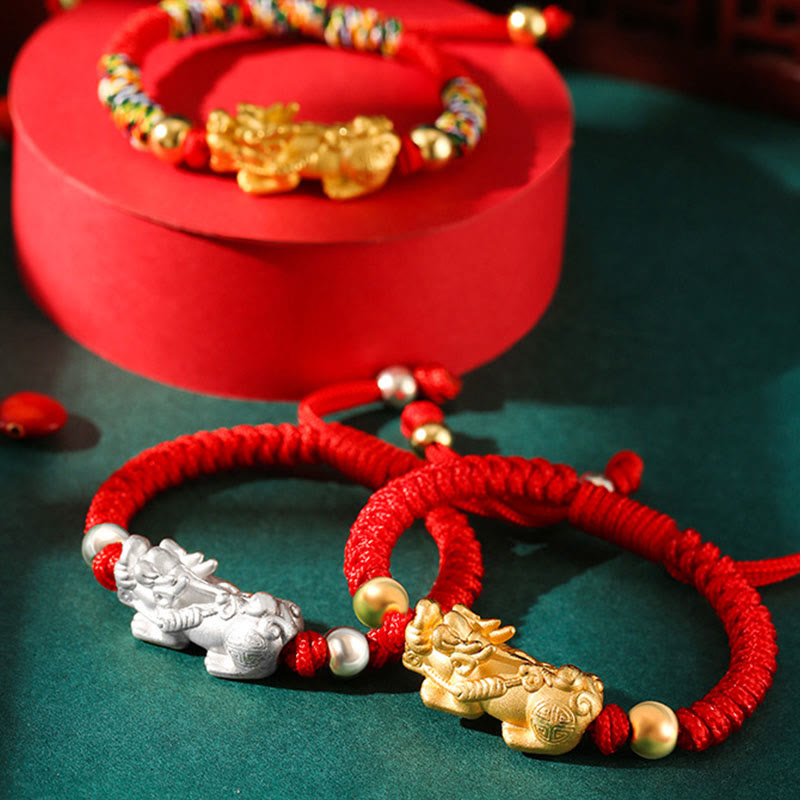 Buddha Stones 999 Sterling Silver PiXiu Wealth King Kong Knot String Braided Kids Child Bracelet Bracelet BS 16