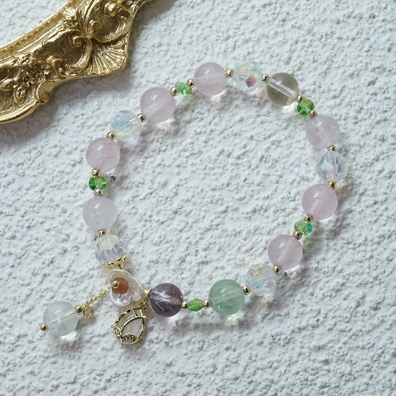 Buddha Stones Strawberry Quartz Rutilated Quartz Fluorite Flower Healing Bracelet Bracelet BS Fluorite(Wrist Circumference 14-16cm)