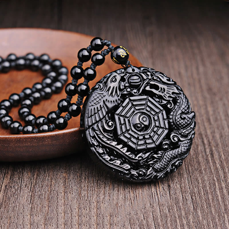 Collier pendentif Foviel Bagua Dragon Phénix en obsidienne