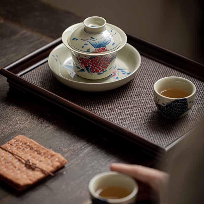 Buddha Stones Koi Fish Arowana Ceramic Gaiwan Sancai Teacup Kung Fu Tea Cup With Lid 130ml Cup BS 12