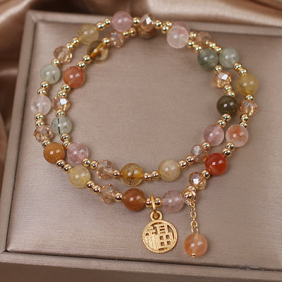Buddha Stones Multicolored Rutilated Quartz Fu Character Auspiciousness Bracelet Bracelet BS 4