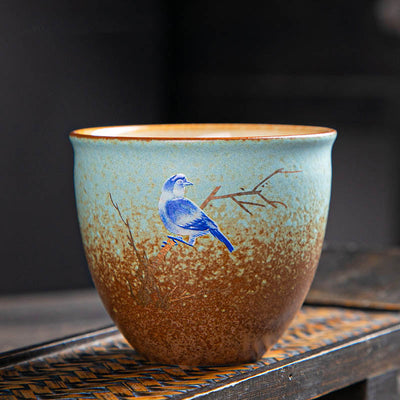 Buddha Stones Colorful Deer Pipa Snow Plum Blossoms Mountains Rivers Bird Ceramic Teacup Kung Fu Tea Cup Bowl Cup BS 7.5cm*6.5cm*150ml Blue Bird