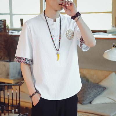 Buddha Stones Frog-Button Dragon Embroidery Chinese Tang Suit Short Sleeve Shirt Linen Men Clothing Men's Shirts BS 22