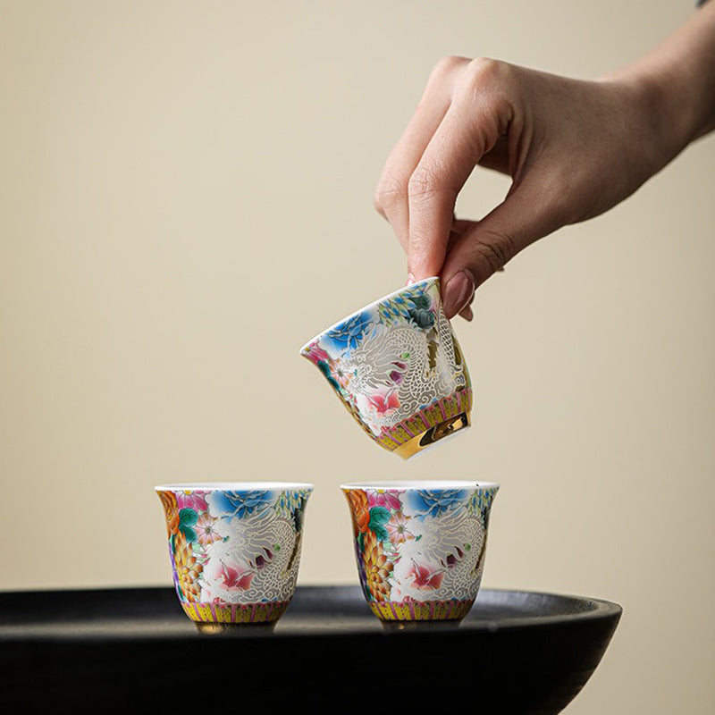 Buddha Stones Dragon Phoenix Flowers Ceramic Teacup Kung Fu Tea Cup 50ml Cup BS main