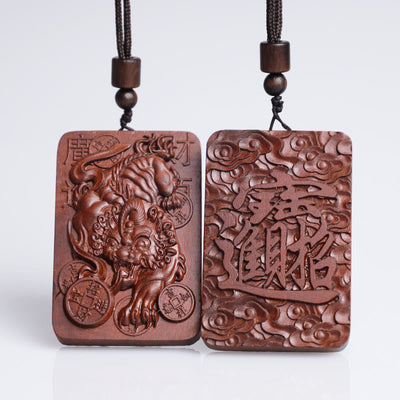 Buddha Stones Natural Lightning Struck Jujube Wood PiXiu Copper Coin Good Fortune Necklace Pendant 2