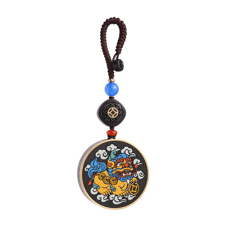 Buddha Stones PiXiu Copper Coin Ebony Wood Luck Attract Wealth Key Chain Decoration Key Chain BS 15