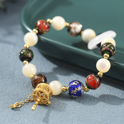 Buddha Stones Tibetan Incense Ash Liuli Glass Tridacna Stone Sun Stone Om Mani Padme Hum Prayer Wheel Charm Bracelet Bracelet BS 2