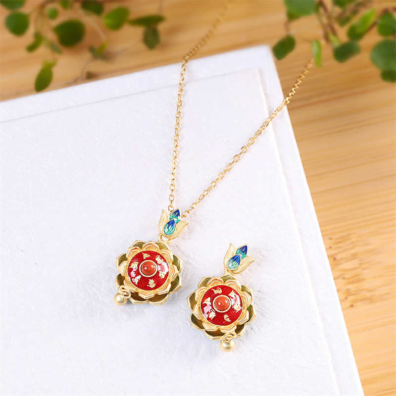 Buddha Stones 925 Sterling Silver Tibet Lotus Prayer Wheel Red Agate Enlightenment Necklace Pendant Necklaces & Pendants BS 6