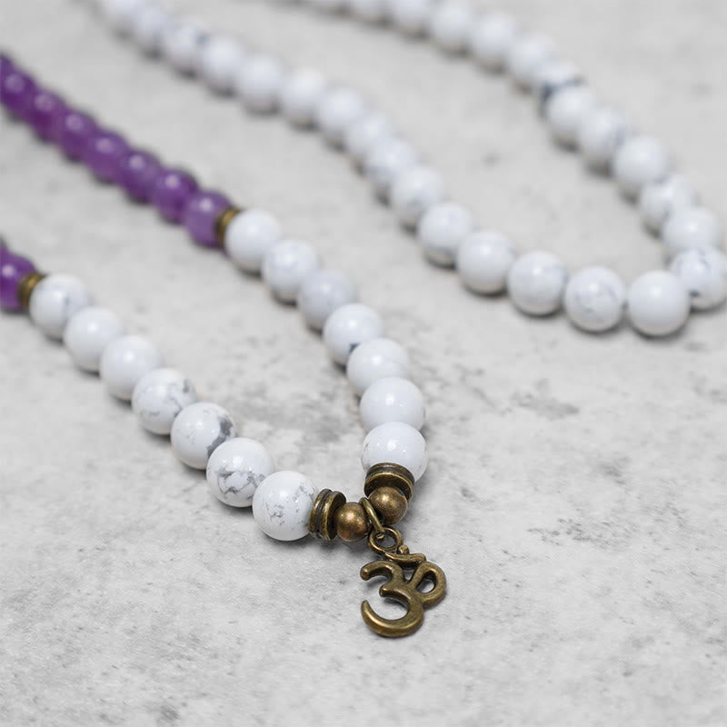 Buddha Stones 108 Mala Beads Amethyst White Turquoise OM Healing Meditation Energy Bracelet Bracelet BS 5