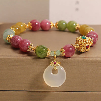 Buddha Stones Colorful Tourmaline Peace Buckle Charm Wisdom Bracelet Bracelet BS Tourmaline(Positive♥Love)(Wrist Circumference 14-16cm)