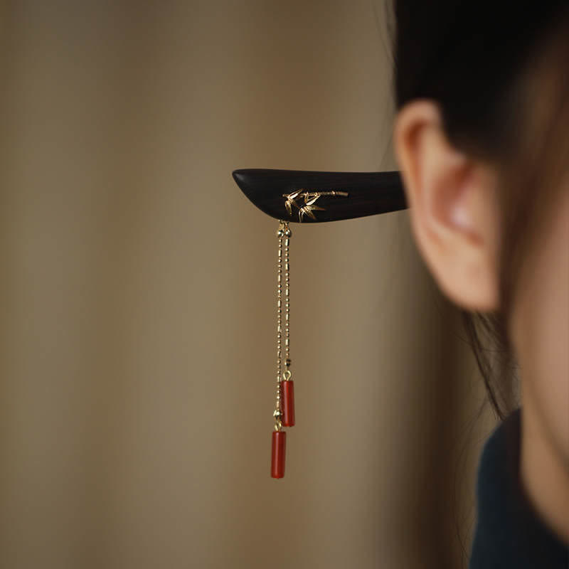 Buddha Stones Red Agate Ebony Wood Confidence Tassel Hairpin Hairpin BS Red Agate (Confidence ♥ Calm)
