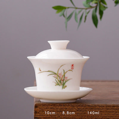 Buddha Stones White Porcelain Mountain Landscape Countryside Ceramic Gaiwan Teacup Kung Fu Tea Cup And Saucer With Lid Cup BS Long Cup-Orchid(8.8cm*10cm*140ml)