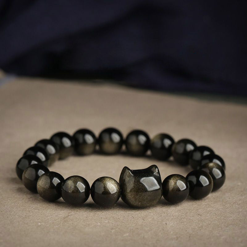 Foviel Gold Sheen Obsidian Silver Sheen Obsidian Lovely Paw Lucky Cat Protection Bracelet
