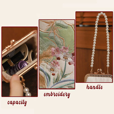 Buddha Stones Mountain Stone Orchid Pattern Pearl Chain Crossbody Bag Handbag Crossbody Bag&Handbags BS 6