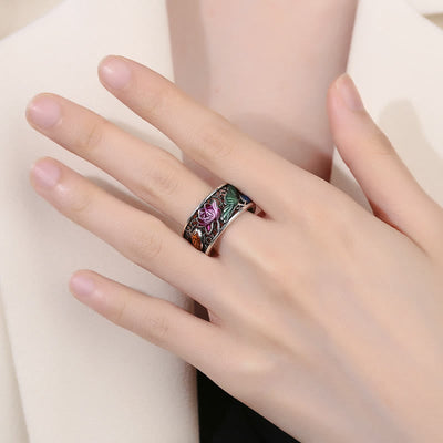 Buddha Stones Copper Blue Enamel Lotus Heart Sutra Koi Fish Luck Ring Ring BS 15
