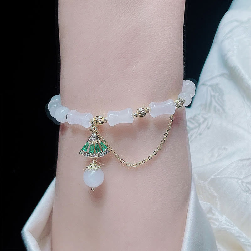 Buddha Stones Tianshan White Jade Bamboo Pattern Luck Blessing Bracelet 6