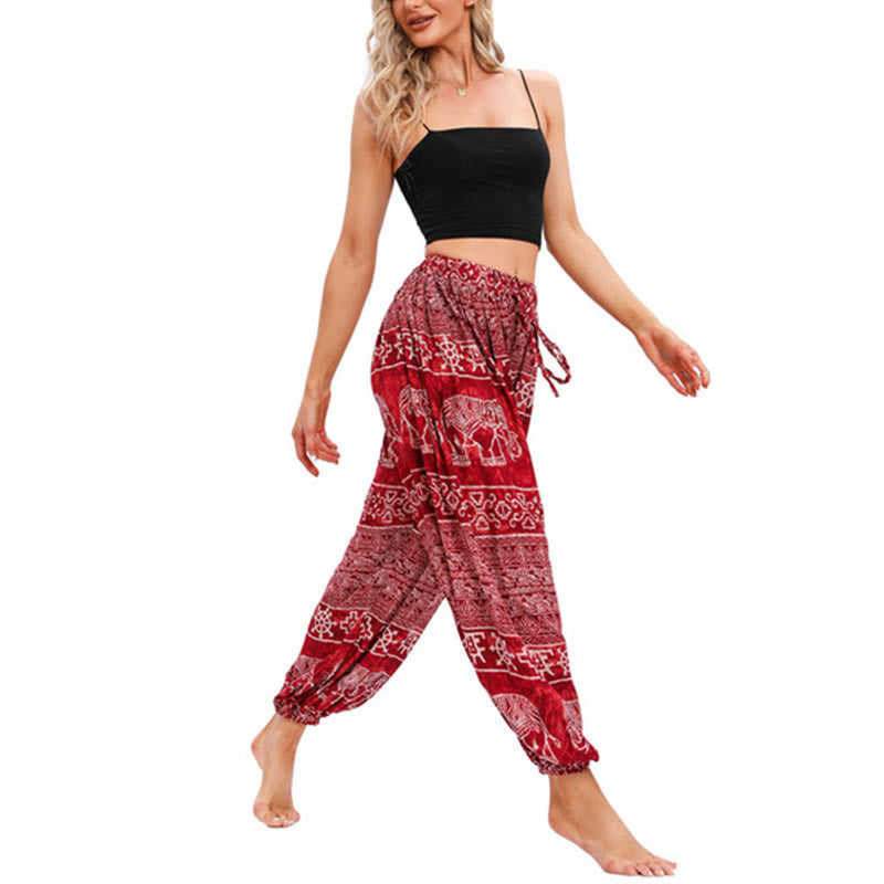 Buddha Stones Elephant Geometry Pattern Casual Loose Harem Trousers Women's Yoga Pants Women's Harem Pants BS 4