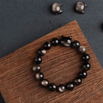 Foviel Gold Sheen Obsidian Silver Sheen Obsidian Lovely Paw Lucky Cat Protection Bracelet