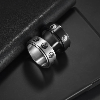 Buddha Stones Yin Yang Titanium Steel Balance Rotatable Ring Ring BS 4