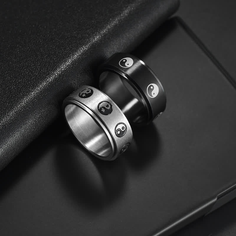 Buddha Stones Yin Yang Titanium Steel Balance Rotatable Ring Ring BS 4