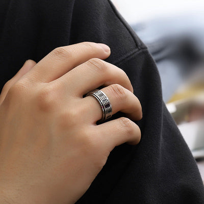 Buddha Stones Bagua Yin Yang Titanium Steel Balance Rotatable Ring Ring BS 2