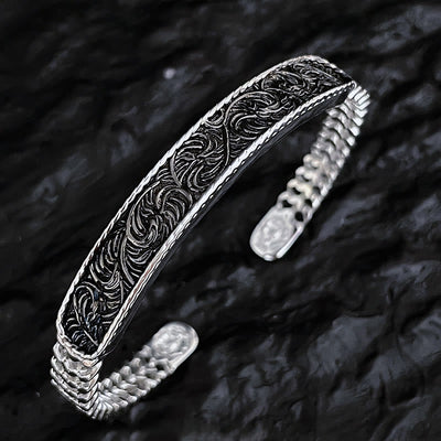 Buddha Stones Tang Dynasty Flower Design Engraved Copper Luck Cuff Bracelet Bangle Adjustable Ring Bracelet Bangle BS Silver Tang Dynasty Flower Design Bracelet Bangle