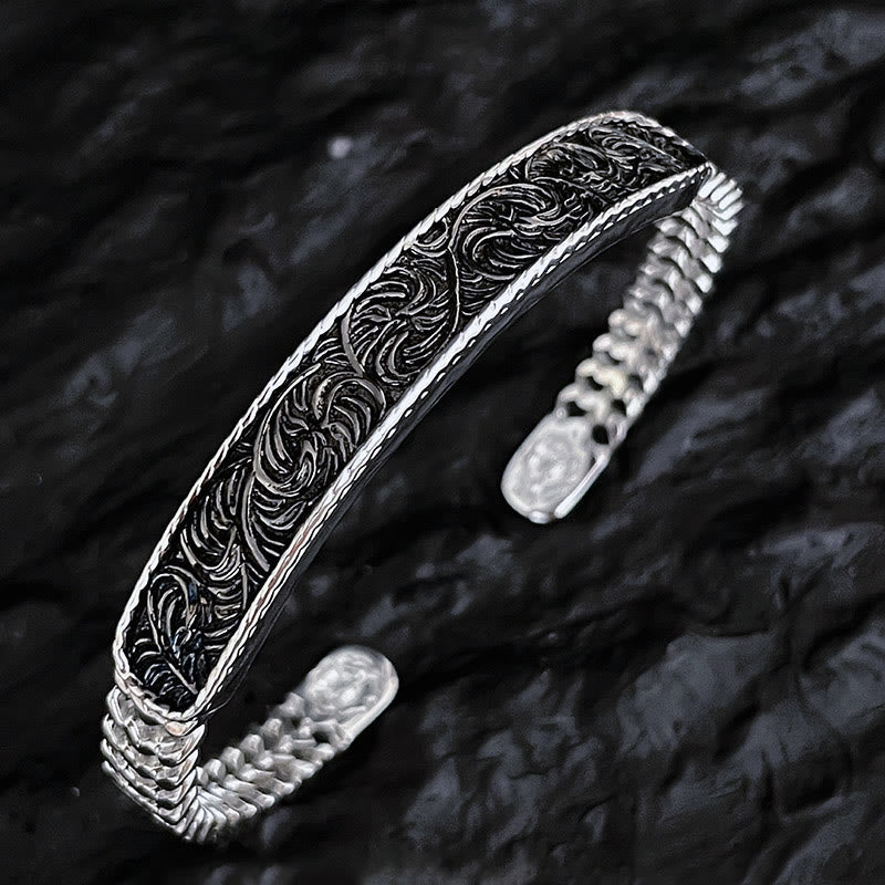 Buddha Stones Tang Dynasty Flower Design Engraved Copper Luck Cuff Bracelet Bangle Adjustable Ring Bracelet Bangle BS Silver Tang Dynasty Flower Design Bracelet Bangle