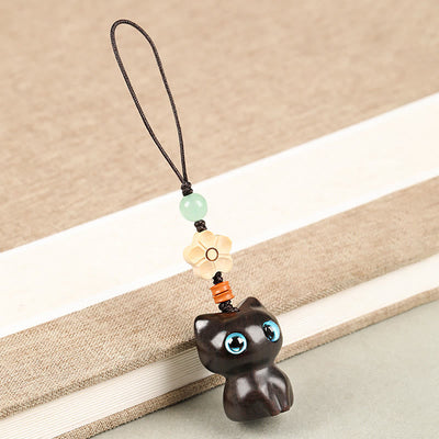 Foviel Mini Small Leaf Red Sandalwood Ebony Wood Lucky Cat Lovely Kitty Peace Key Chain Phone Hanging Decoration